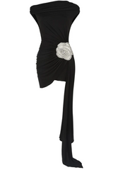 Black asymmetrical mini dress with pink appliqués and straps