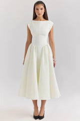 Elegant white midi dress with flared skirt