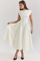 Elegant white midi dress with flared skirt