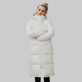 Long puffer coat with hood and high collar