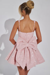 Light pink shimmery square neck mini dress