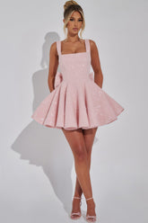 Light pink shimmery square neck mini dress