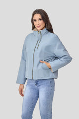 Short puffer jacket with high collar and soft lining