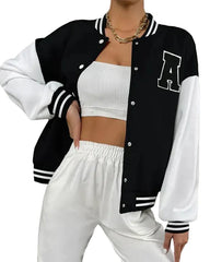 Black and white varsity jacket with letter patch