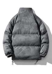 Short puffer jacket with stand-up collar and drawstring at the hem