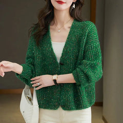 Ribbed cardigan with V-neck and large buttons