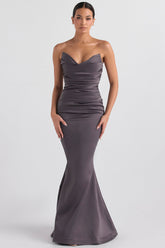 Strapless long evening dress with draped bodice