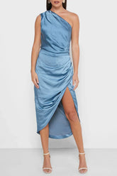 Blue satin one shoulder dress