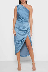 Blue satin one shoulder dress