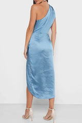 Blue satin one shoulder dress