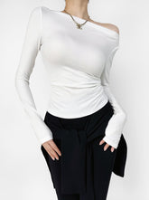 Asymmetrical off-shoulder long-sleeved top with ruched detail
