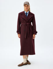 Burgundy long trench coat with tie belt