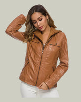 Brown hooded biker jacket with zip pockets