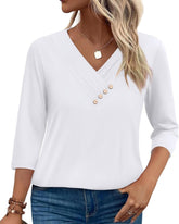 V-neck top with gathered front and decorative buttons