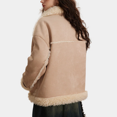 Beige buttoned jacket with cream-white fluff trim