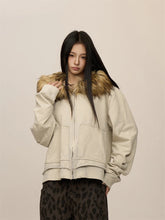Beige oversized jacket with brown furry hood