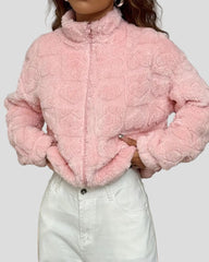 Pink plush jacket with heart structure and zipper