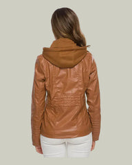 Brown hooded biker jacket with zip pockets