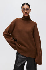 High neck ticked sweater with wide sleeves