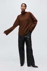 High neck ticked sweater with wide sleeves