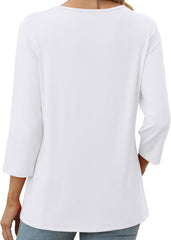 V-neck top with gathered front and decorative buttons