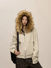 Beige oversized jacket with brown furry hood