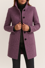 Tailored coat with stand-up collar and patch pockets