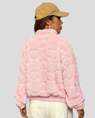 Pink plush jacket with heart structure and zipper