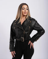 Black croc-embossed biker jacket with belt