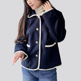 Contrast-trimmed short jacket with round collar
