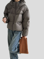 Short puffer jacket with hood and two-way zipper