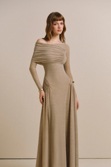 Off-the-shoulder draped maxi dress