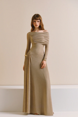 Off-the-shoulder draped maxi dress