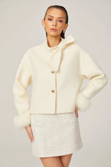 Cream short jacket with bow collar and fluffy cuffs