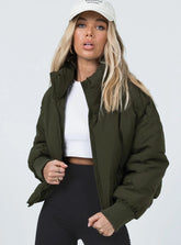 Army green puffer bomber jacket – high collar
