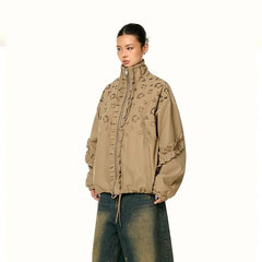 Khaki bomber jacket with leopard print and ruffle details