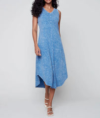 Washed blue sleeveless midi dress