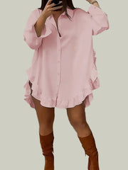 Shirt dress with ruffle trim and button closure