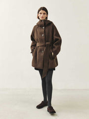 Brown short coat with belt and high collar