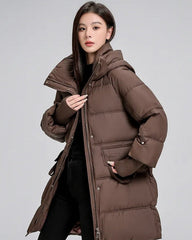 Long padded jacket with hood and pockets
