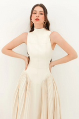 Ivory sleeveless pleated midi dress