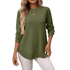 Long-sleeved waffle top with rounded hem