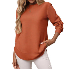 Long-sleeved waffle top with rounded hem