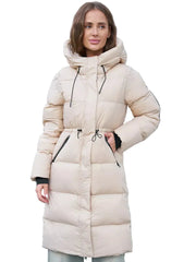 Long puffer parka with hood – adjustable waist and zip pockets