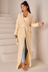 Beige long cardigan with tie belt and shawl collar