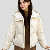 Short puffer jacket with hood and high collar
