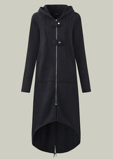 Long hoodie coat with high-low hem and zipper