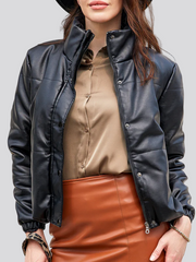 Puffer jacket with stand-up collar and snap button placket