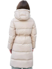 Long puffer parka with hood – adjustable waist and zip pockets