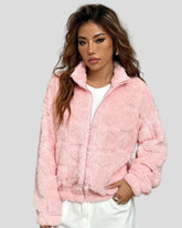 Pink plush jacket with heart structure and zipper